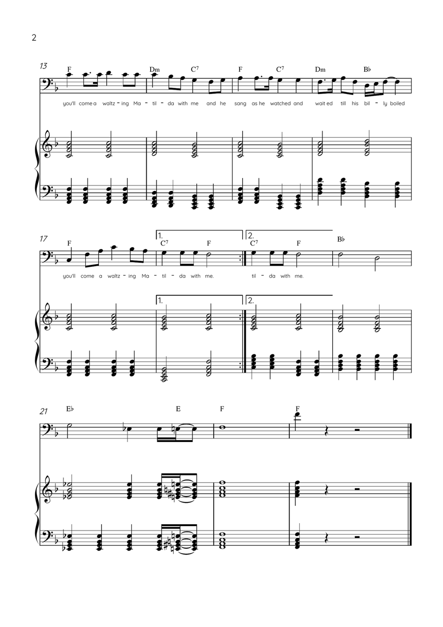 Waltzing Matilda - Bassoon & Piano in F Major With Lyrics & Chords Bassoon Solo scores gallery preview page 2