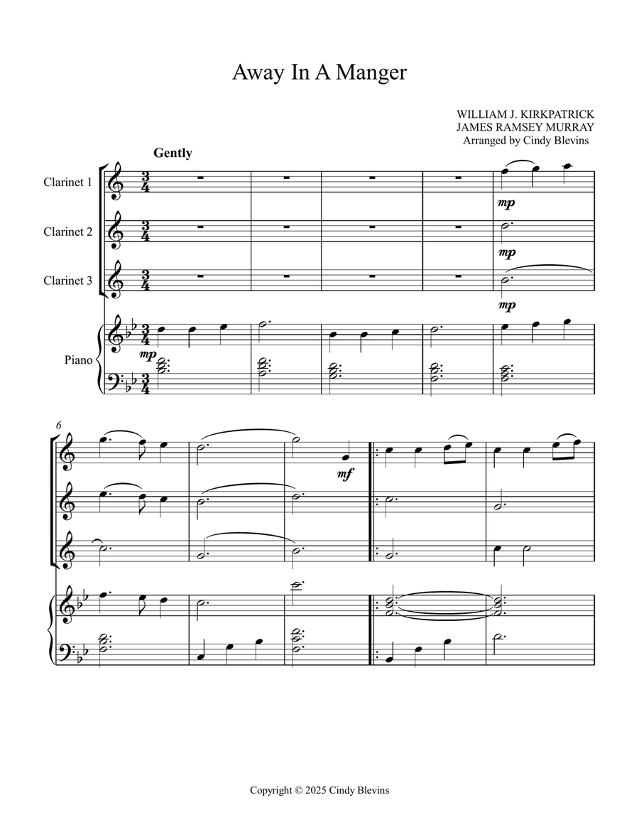Away In A Manger, for Three Clarinets and Piano Small Ensemble scores gallery preview page 2