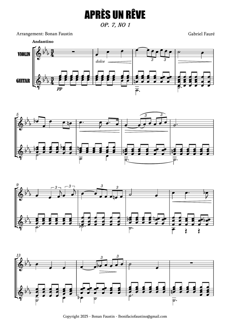 APRÉS UN RÊVE [GABRIEL FAURÉ] FOR VIOLIN AND GUITAR String Duet scores gallery preview page 2