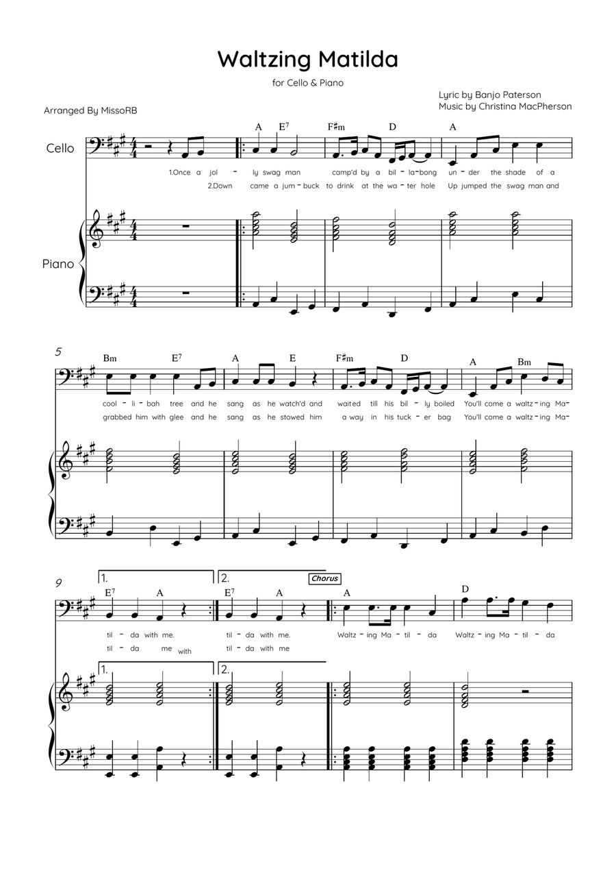 Waltzing Matilda - Cello & Piano in A Major With Lyrics & Chords Piano scores gallery preview page 1