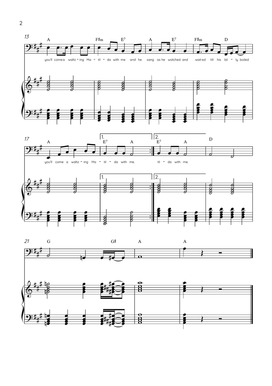 Waltzing Matilda - Cello & Piano in A Major With Lyrics & Chords Piano scores gallery preview page 2