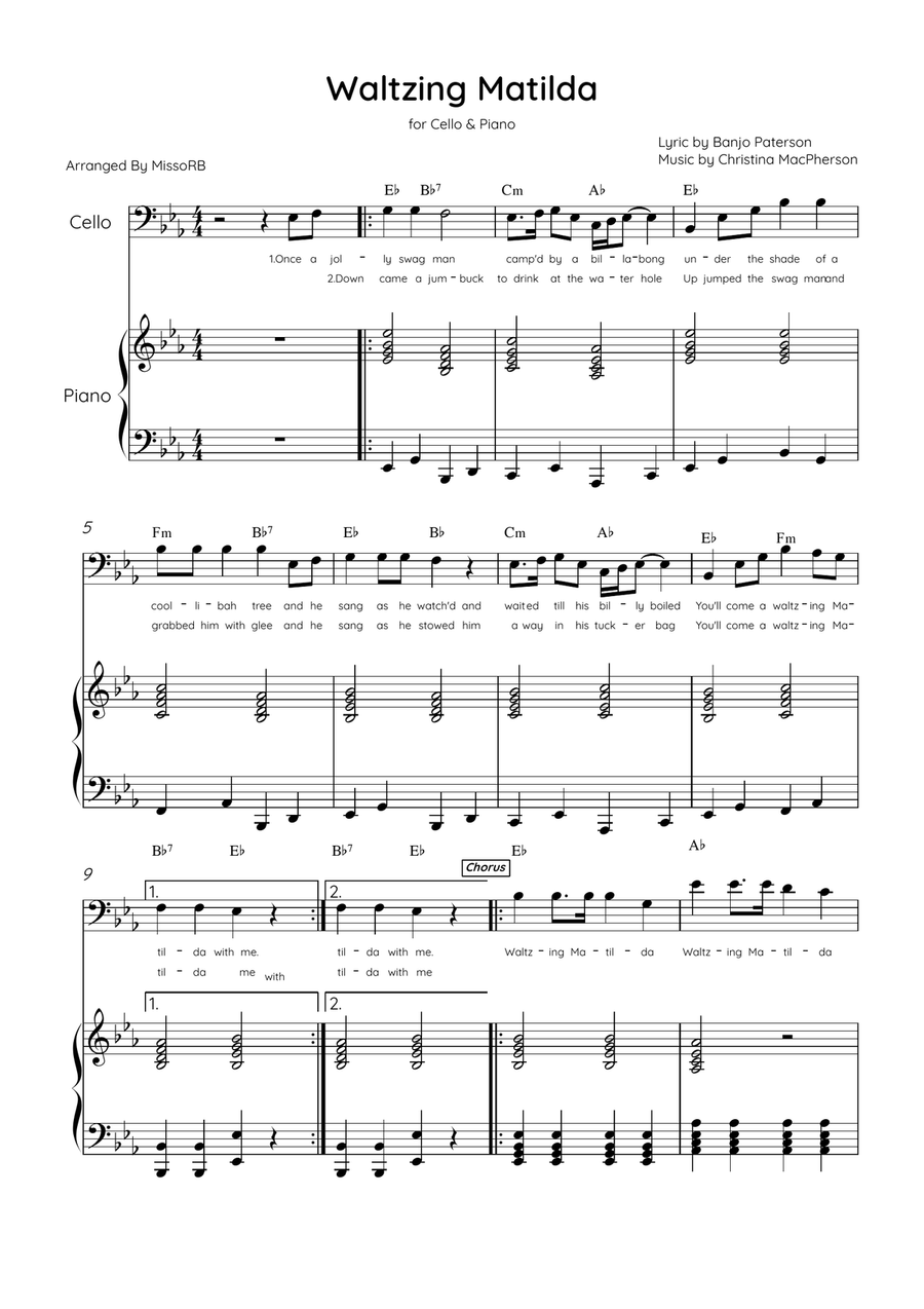 Waltzing Matilda - Cello & Piano in Eb Major With Lyrics & Chords Piano scores gallery preview page 1