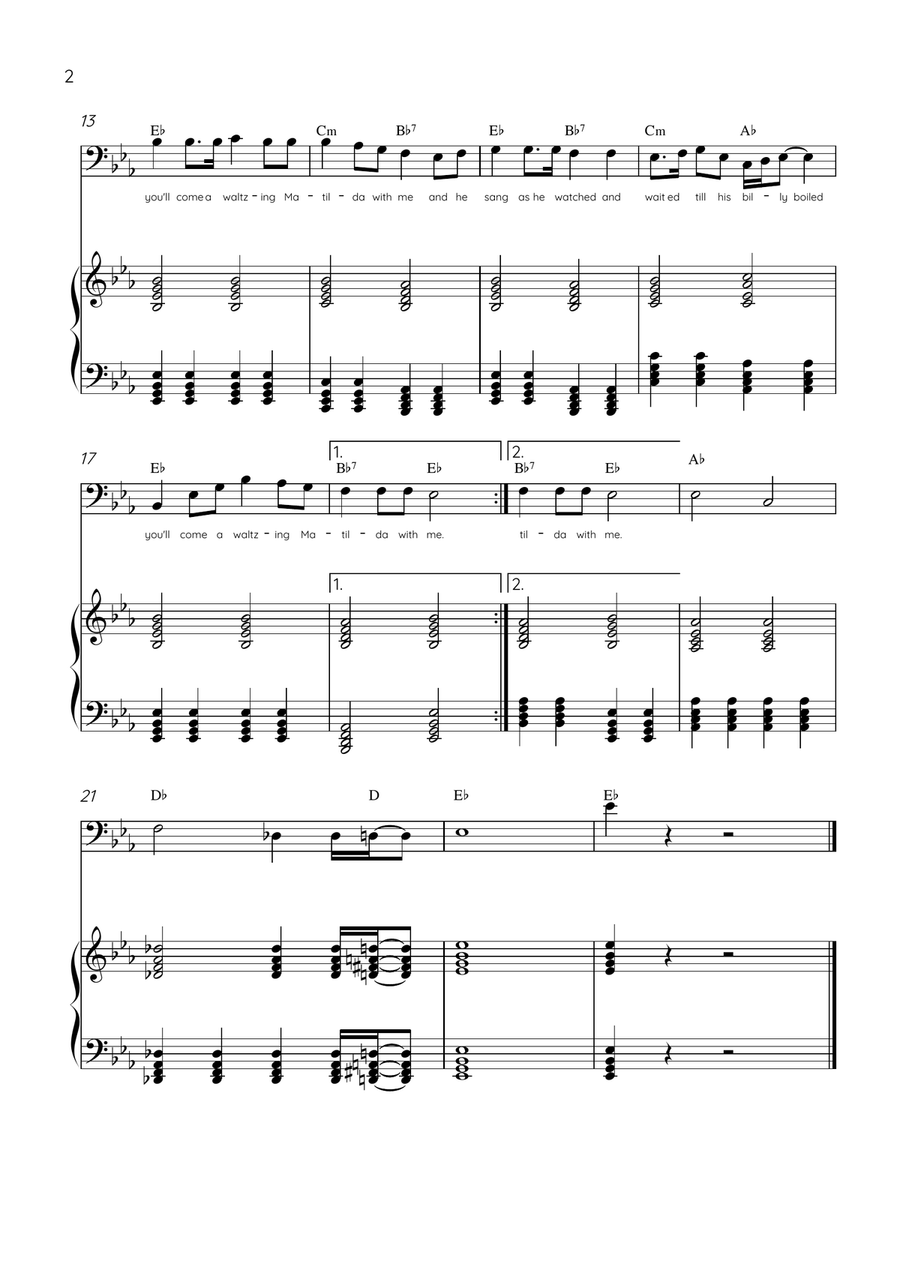 Waltzing Matilda - Cello & Piano in Eb Major With Lyrics & Chords Piano scores gallery preview page 2