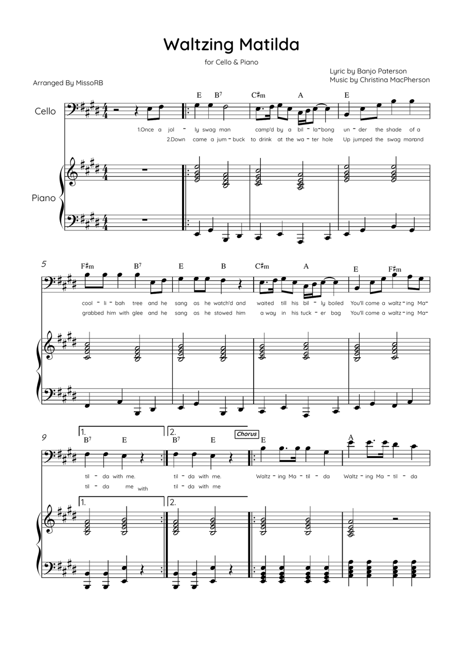 Waltzing Matilda - Cello & Piano in E Major With Lyrics & Chords Piano scores gallery preview page 1