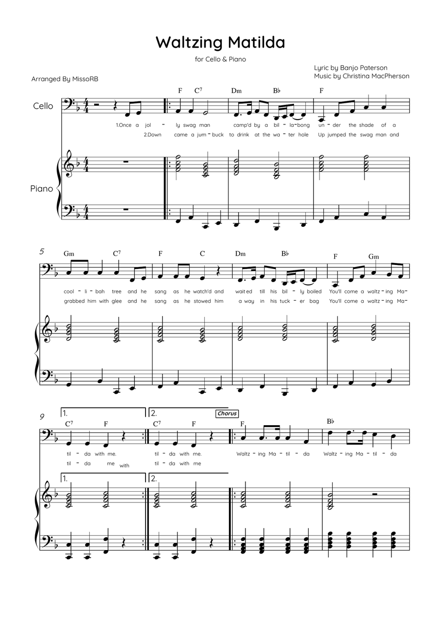 Waltzing Matilda - Cello & Piano in F Major With Lyrics & Chords Piano scores gallery preview page 1