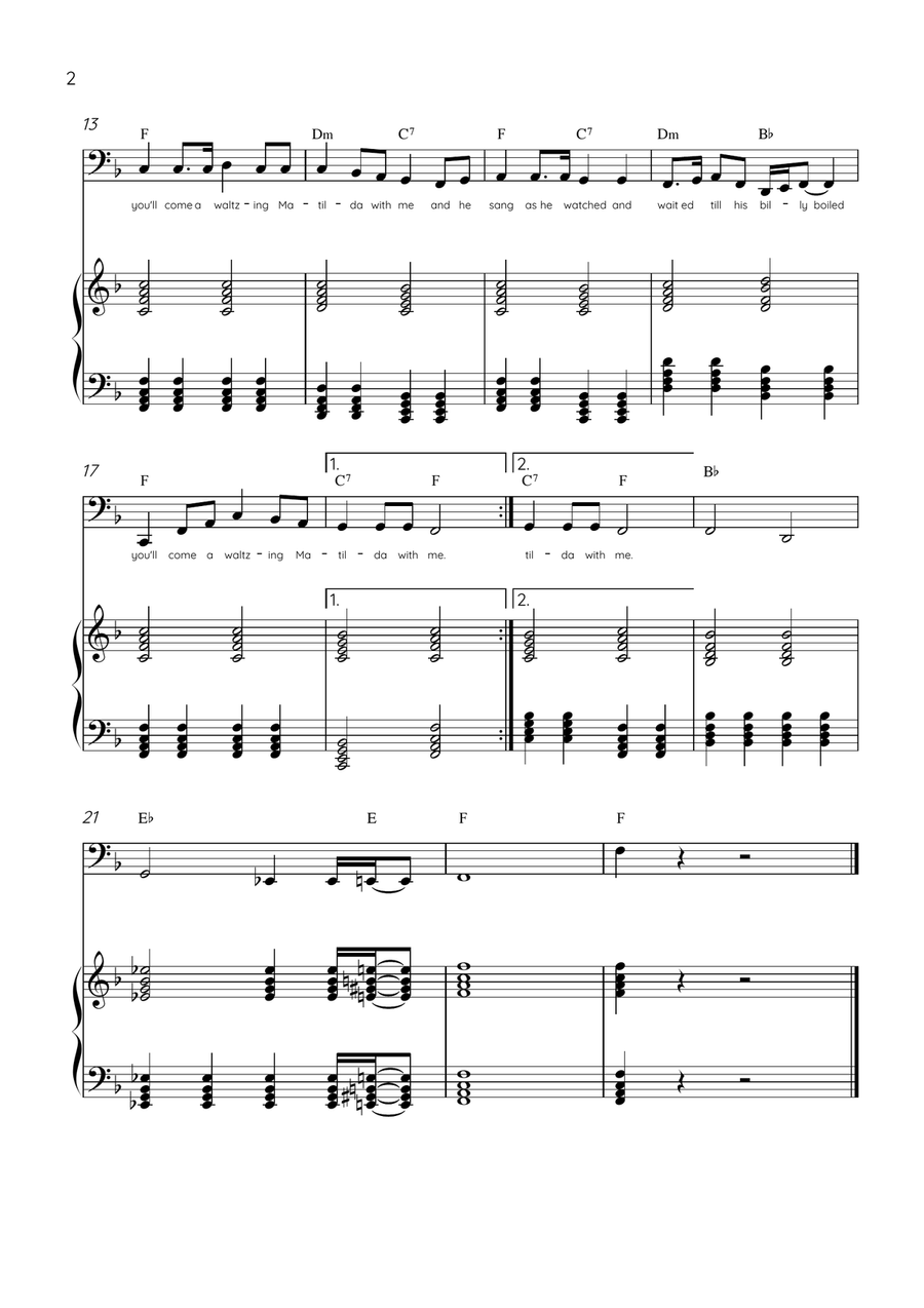 Waltzing Matilda - Cello & Piano in F Major With Lyrics & Chords Piano scores gallery preview page 2
