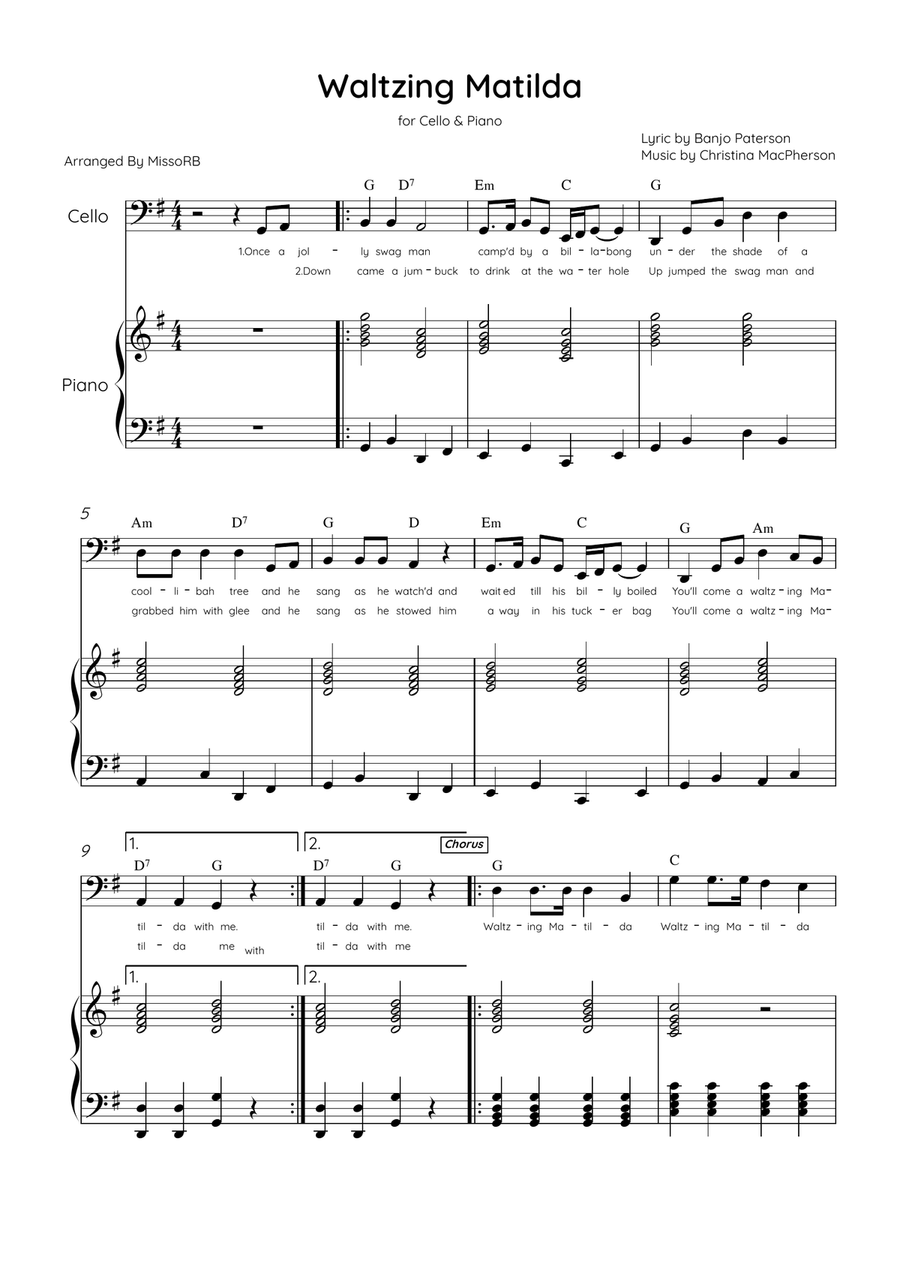Waltzing Matilda - Cello & Piano in G Major With Lyrics & Chords Piano scores gallery preview page 1