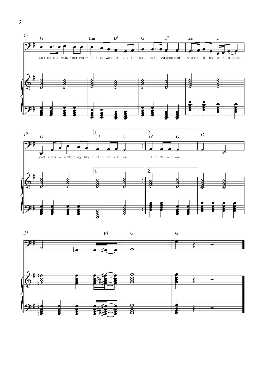 Waltzing Matilda - Cello & Piano in G Major With Lyrics & Chords Piano scores gallery preview page 2