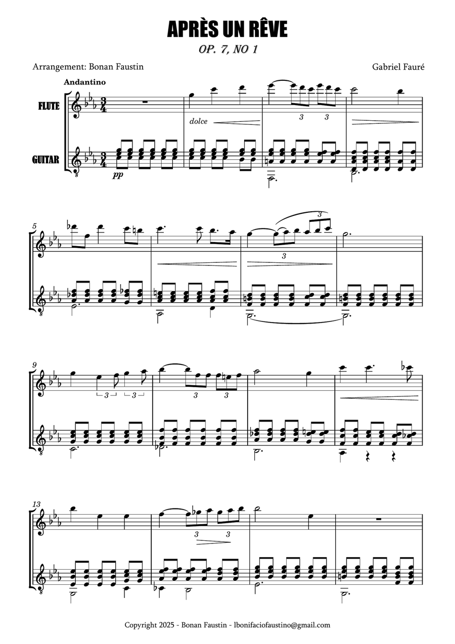 APRÉS UN RÊVE [GABRIEL FAURÉ] FOR FLUTE AND GUITAR Flute scores gallery preview page 2