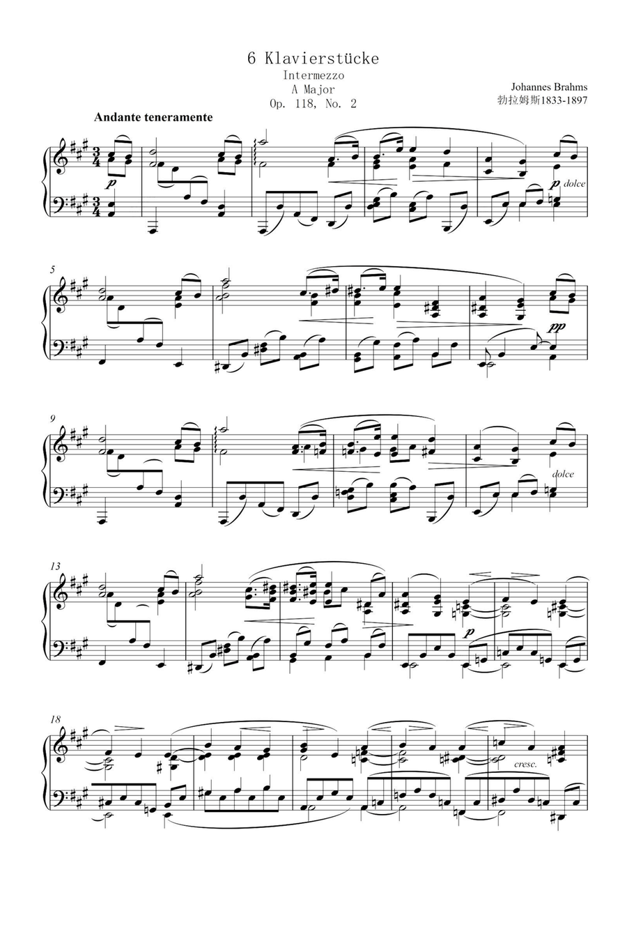 Intermezzo Op.118 No.2 - Johannes Brahms Piano Solo scores gallery preview page 1