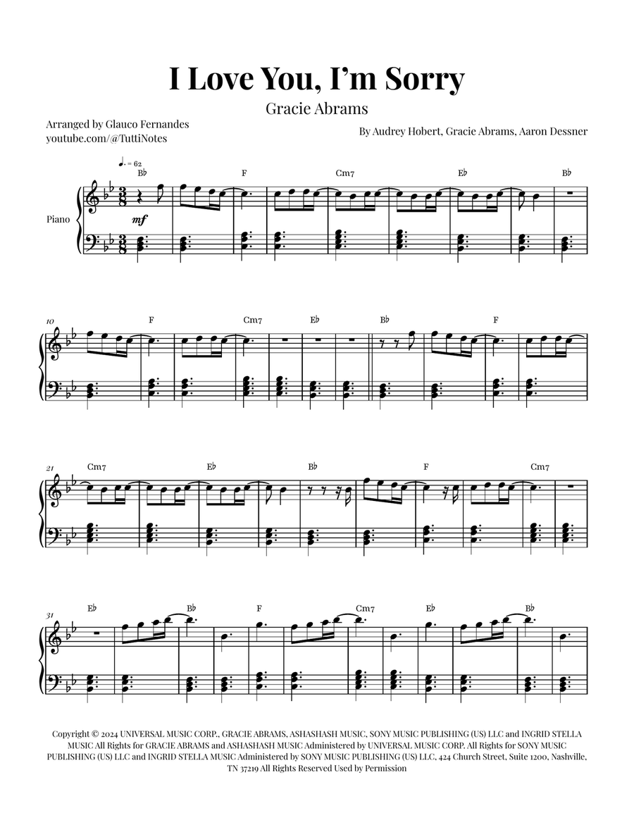 I Love You, I'm Sorry Piano Solo scores gallery preview page 1