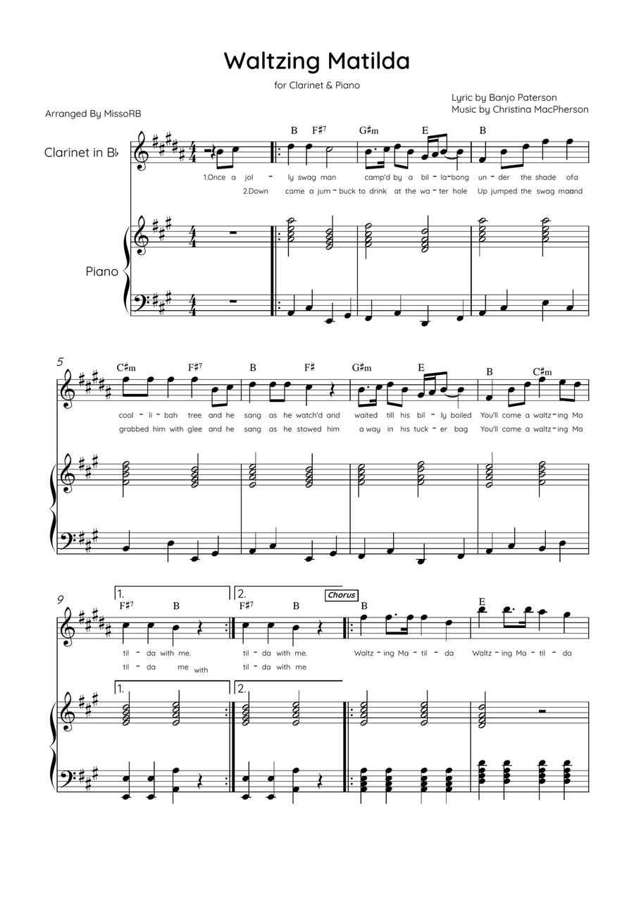 Waltzing Matilda - Clarinet & Piano in A Major With Lyrics & Chords Bass Clarinet scores gallery preview page 1