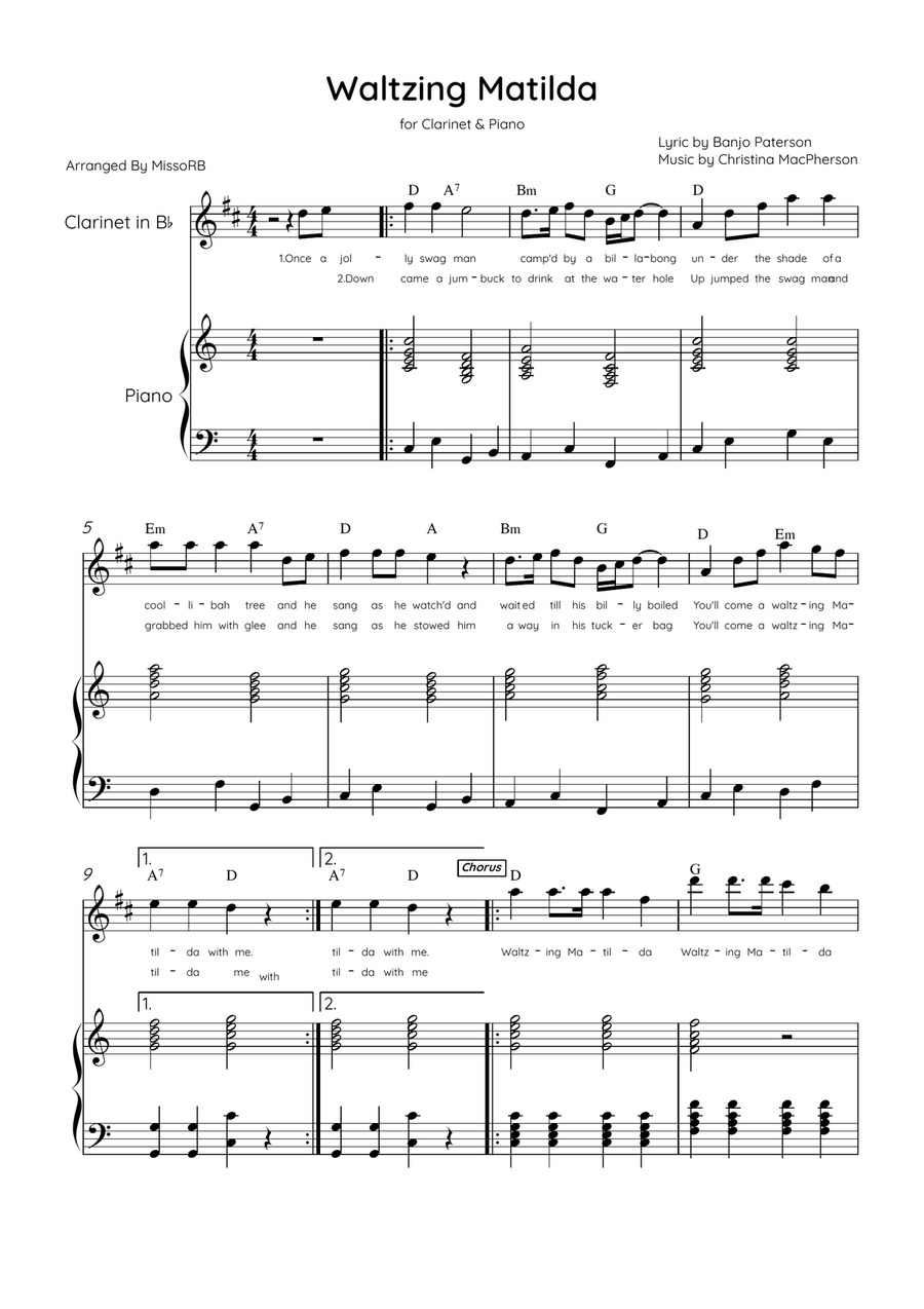 Waltzing Matilda - Clarinet & Piano in C Major With Lyrics & Chords Bass Clarinet scores gallery preview page 1
