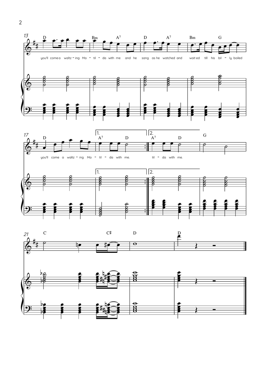 Waltzing Matilda - Clarinet & Piano in C Major With Lyrics & Chords Bass Clarinet scores gallery preview page 2