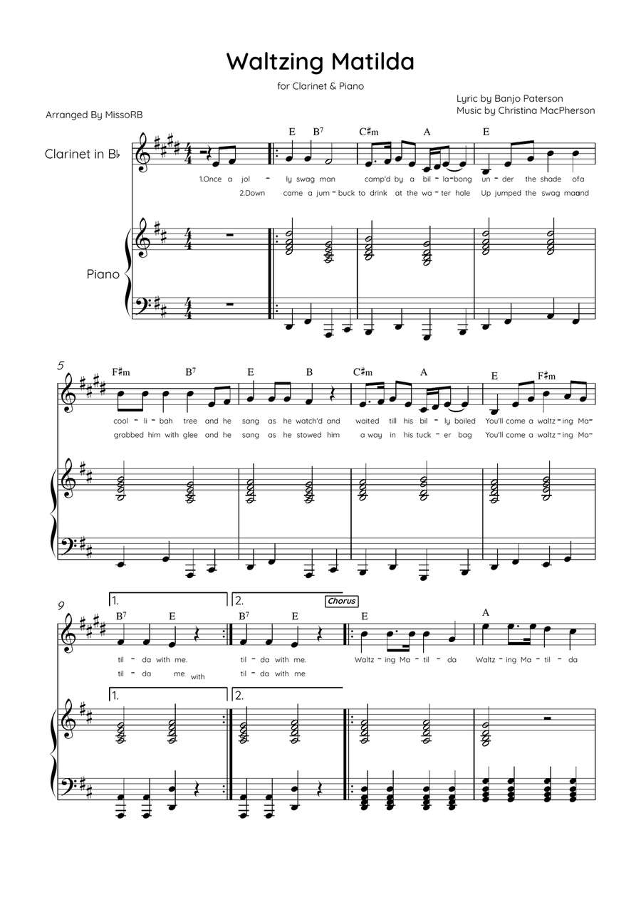 Waltzing Matilda - Clarinet & Piano in D Major With Lyrics & Chords Bass Clarinet scores gallery preview page 1