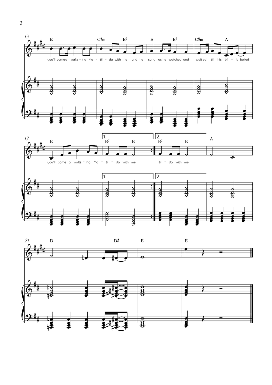 Waltzing Matilda - Clarinet & Piano in D Major With Lyrics & Chords Bass Clarinet scores gallery preview page 2