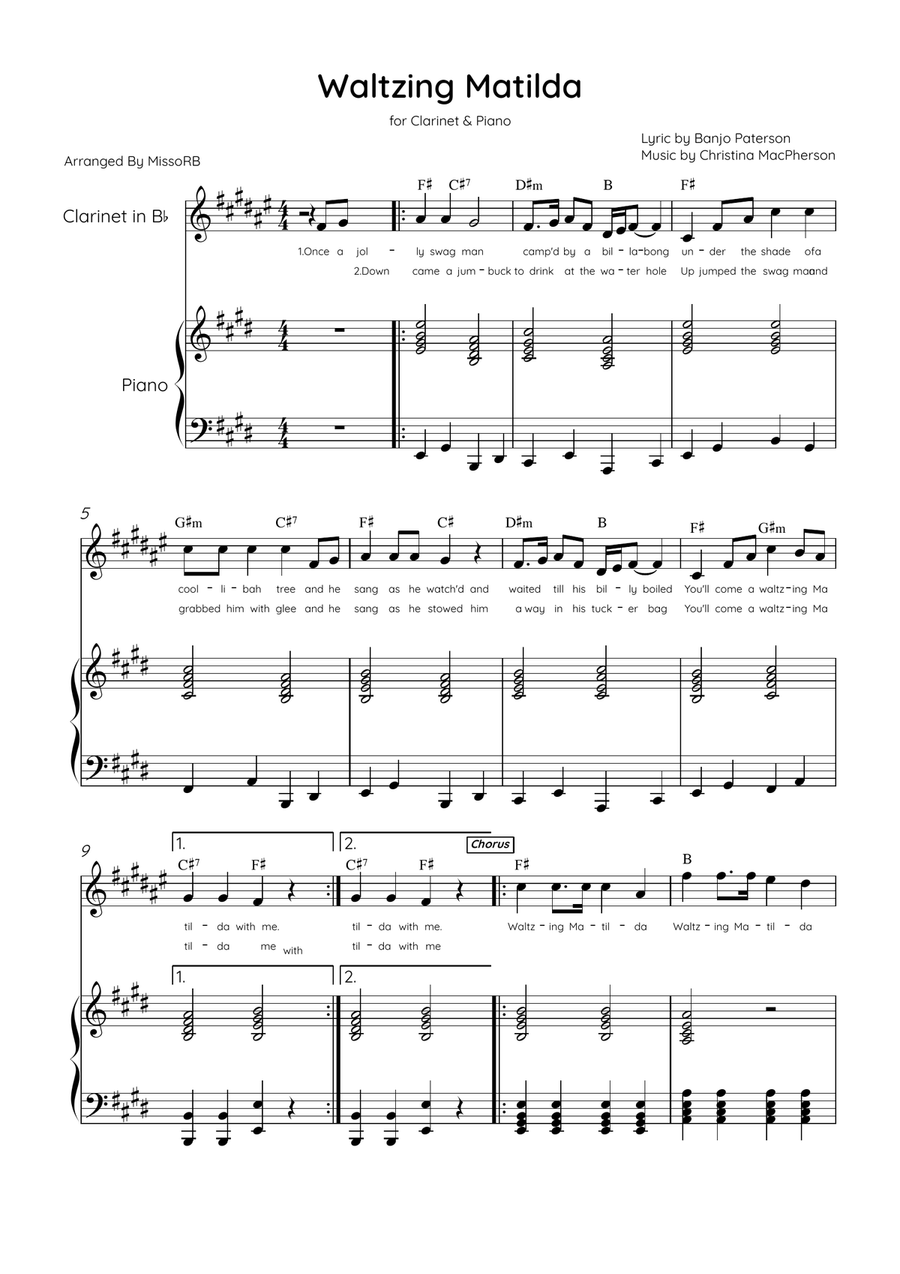 Waltzing Matilda - Clarinet & Piano in E Major With Lyrics & Chords Bass Clarinet scores gallery preview page 1