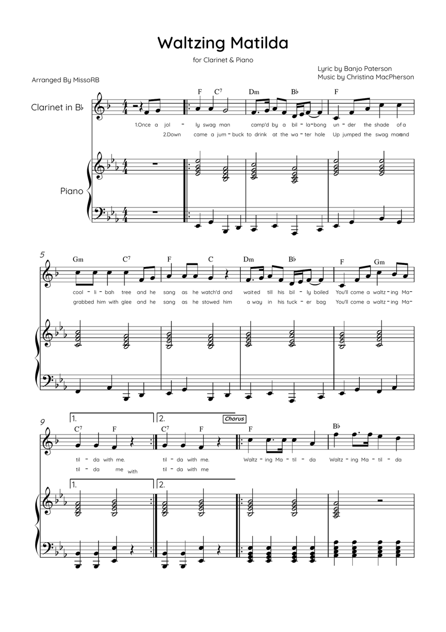 Waltzing Matilda - Clarinet & Piano in Eb Major With Lyrics & Chords Bass Clarinet scores gallery preview page 1