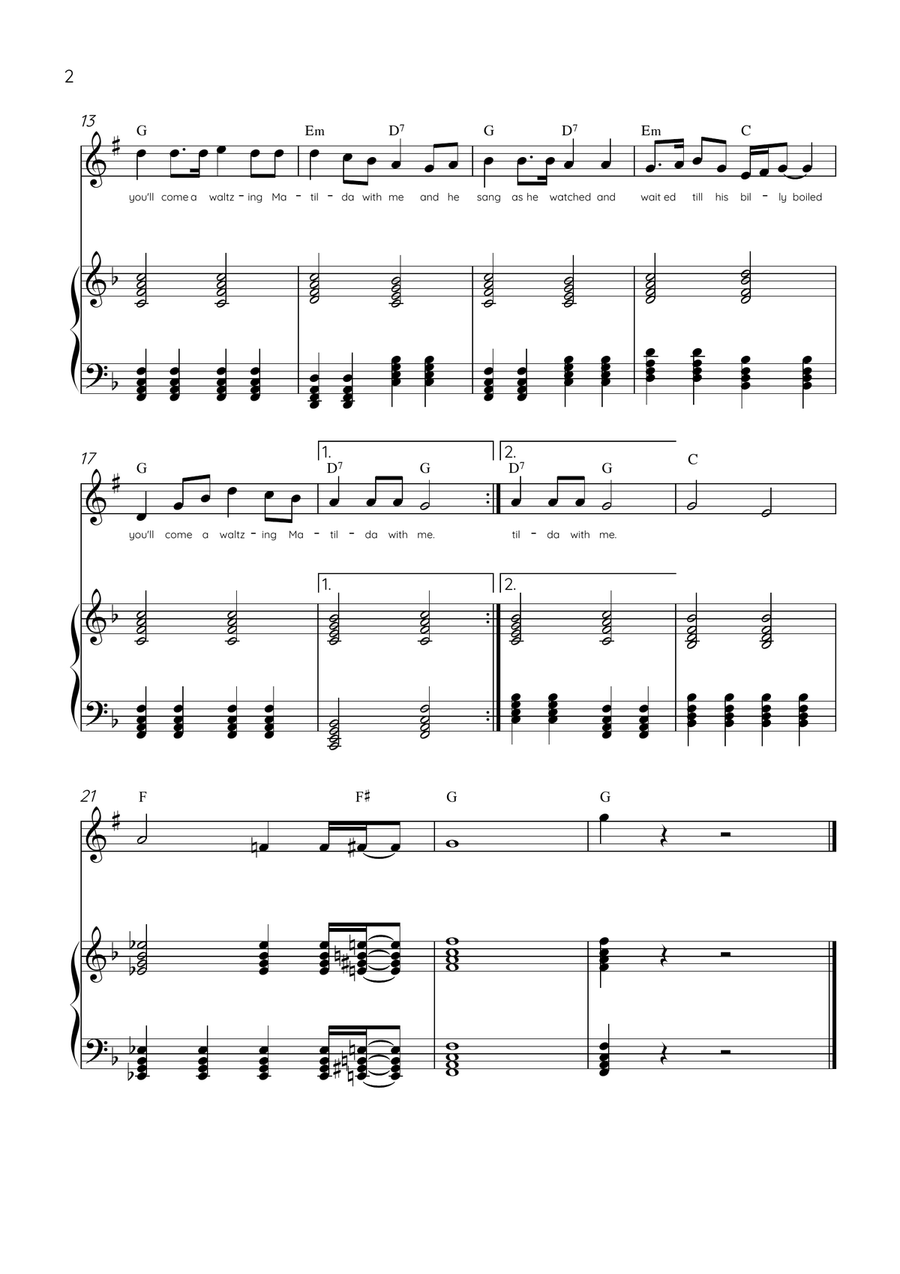 Waltzing Matilda - Clarinet & Piano in F Major With Lyrics & Chords Bass Clarinet scores gallery preview page 2