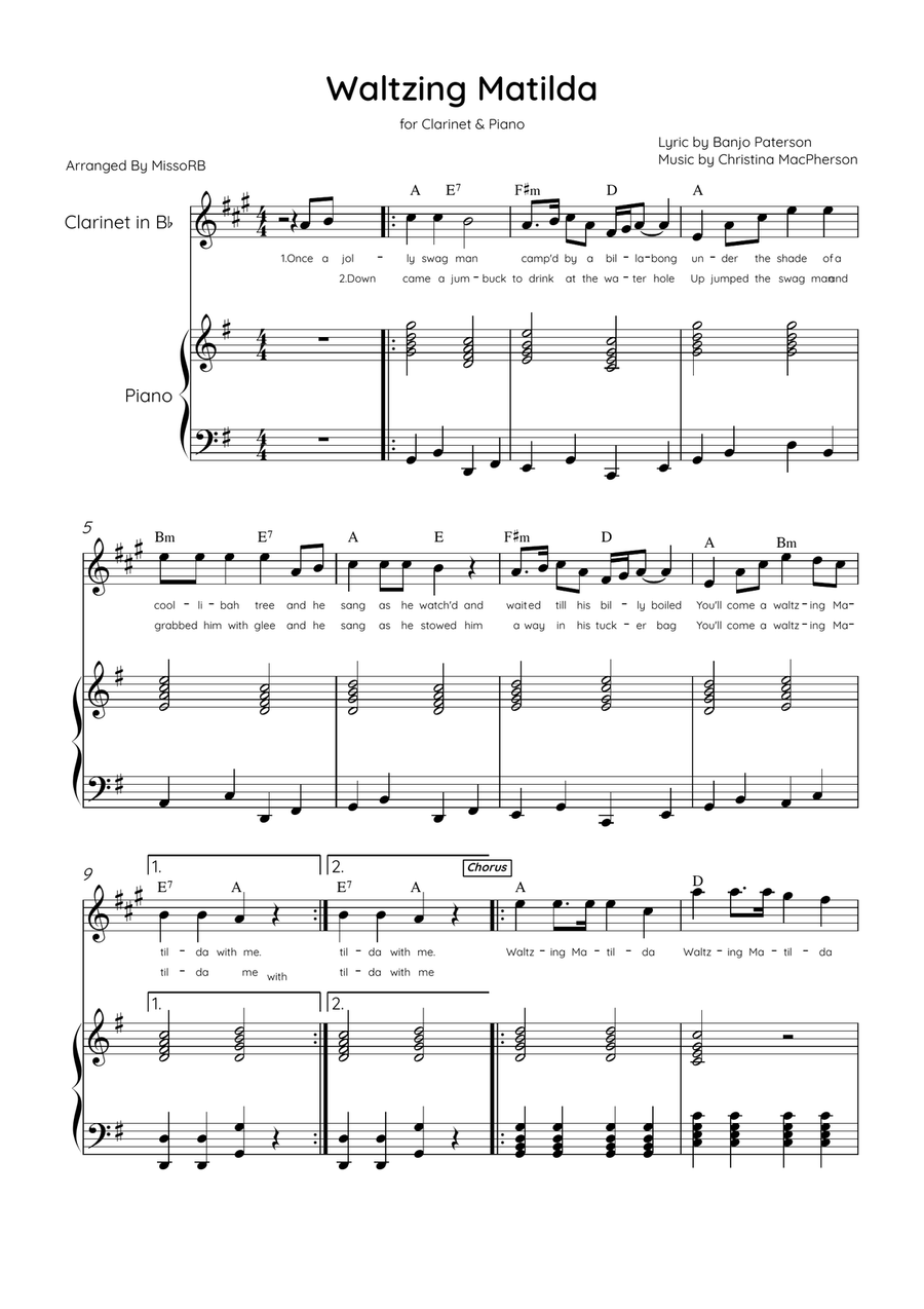 Waltzing Matilda - Clarinet & Piano in G Major With Lyrics & Chords Bass Clarinet scores gallery preview page 1