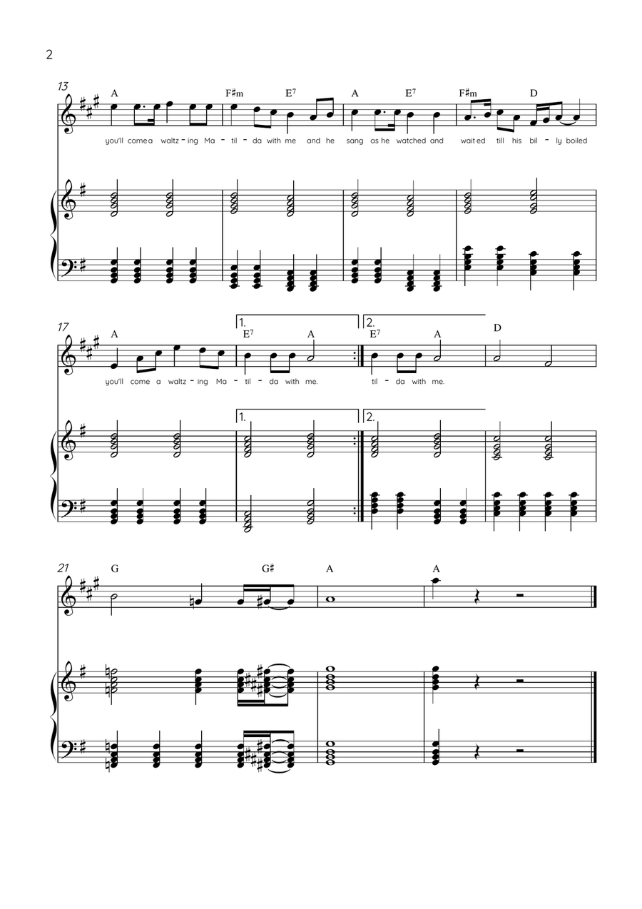 Waltzing Matilda - Clarinet & Piano in G Major With Lyrics & Chords Bass Clarinet scores gallery preview page 2
