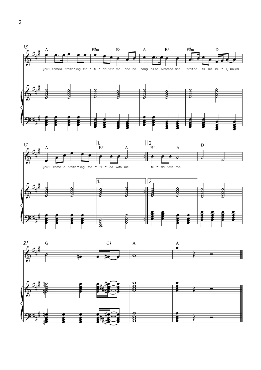 Waltzing Matilda - Flute & Piano in A Major With Lyrics & Chords Flute scores gallery preview page 2