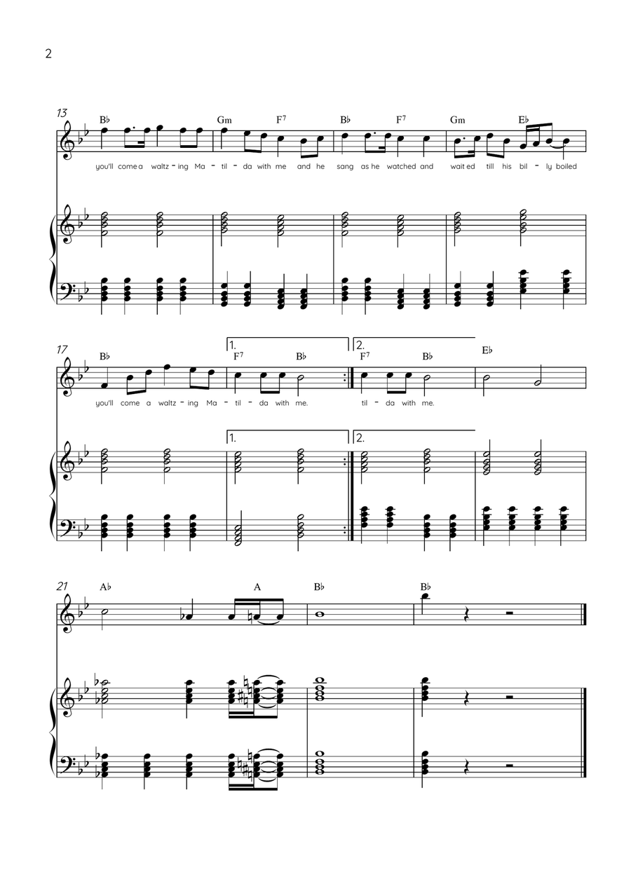 Waltzing Matilda - Flute & Piano in Bb Major With Lyrics & Chords Flute scores gallery preview page 2