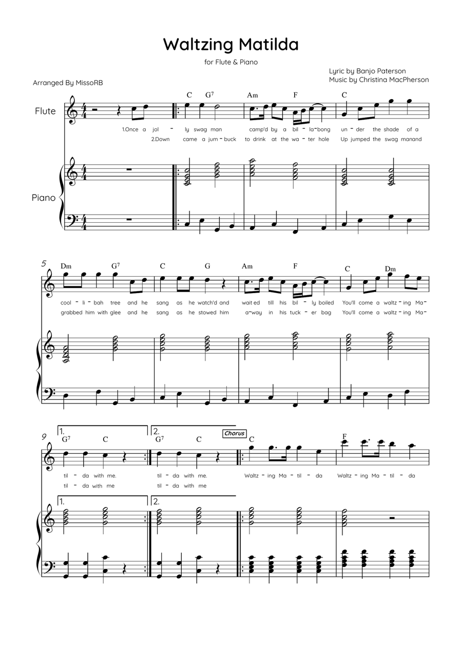 Waltzing Matilda - Flute & Piano in C Major With Lyrics & Chords Flute scores gallery preview page 1