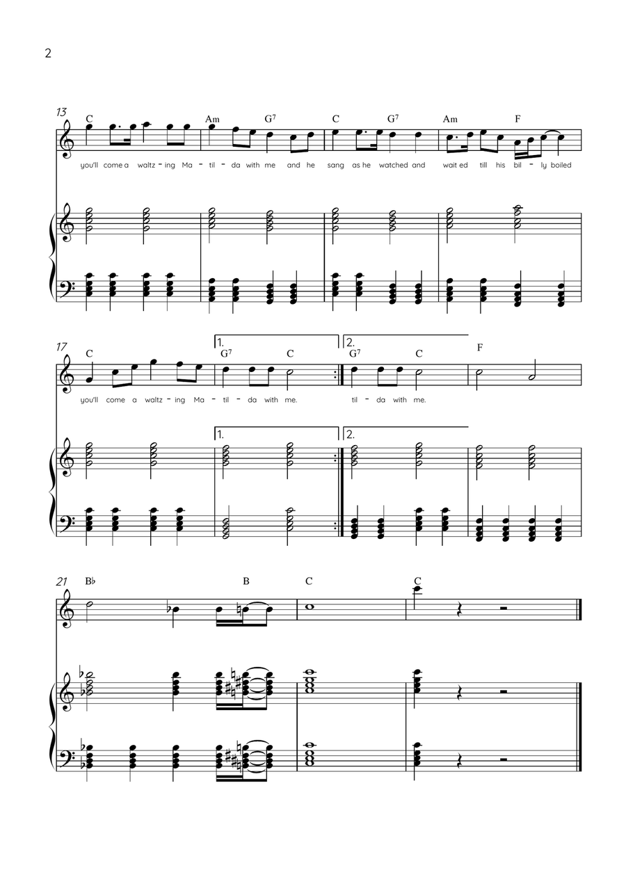 Waltzing Matilda - Flute & Piano in C Major With Lyrics & Chords Flute scores gallery preview page 2