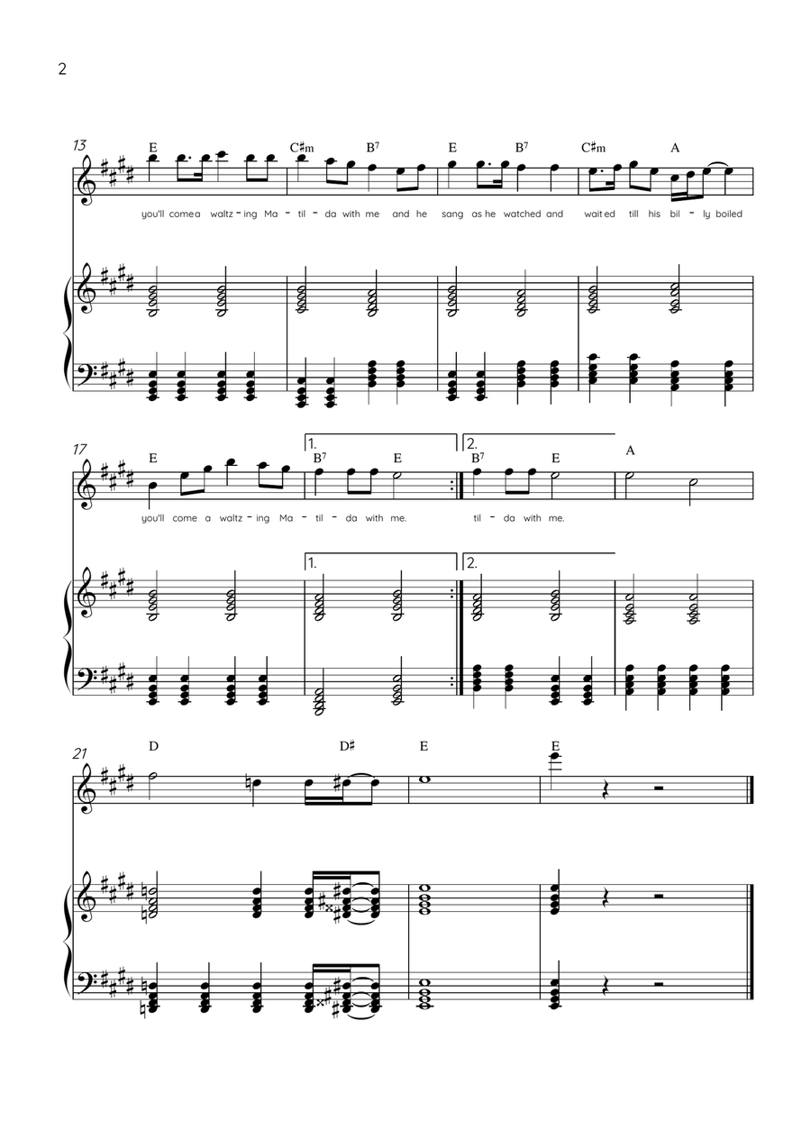 Waltzing Matilda - Flute & Piano in E Major With Lyrics & Chords Flute scores gallery preview page 2