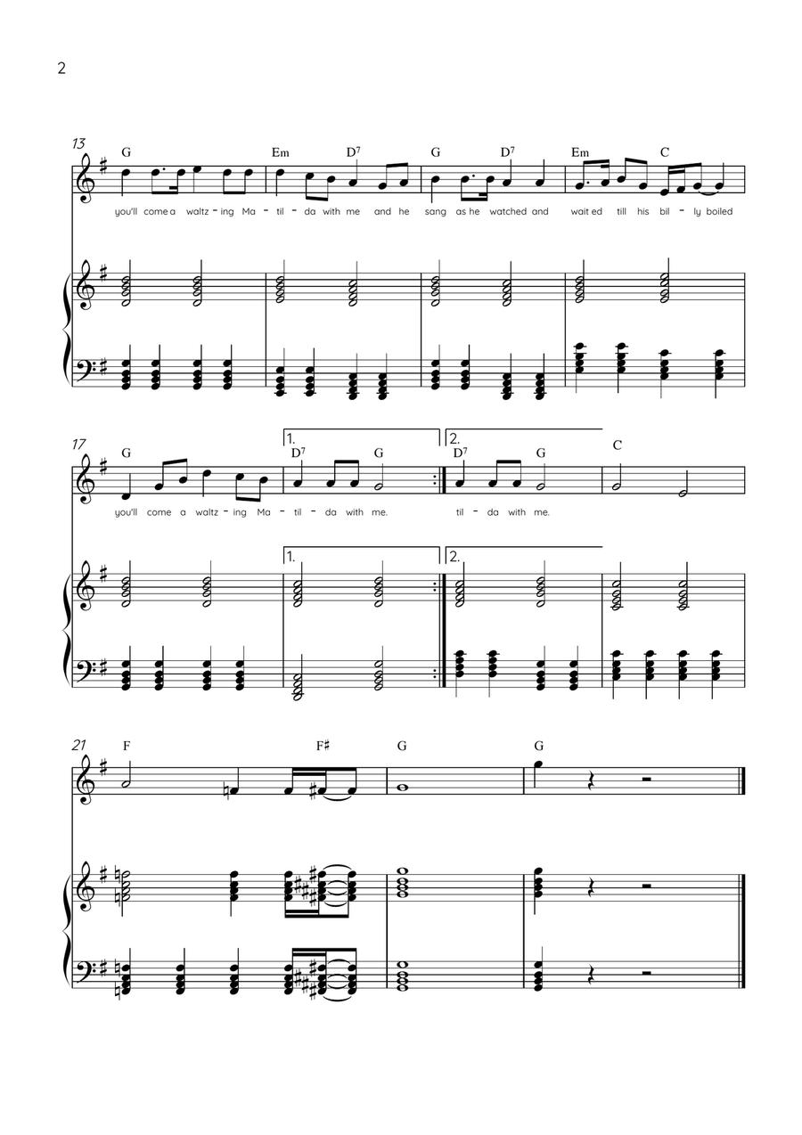 Waltzing Matilda - Flute & Piano in G Major With Lyrics & Chords Flute scores gallery preview page 2