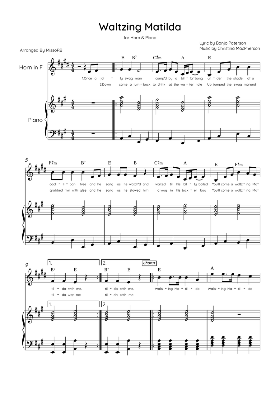 Waltzing Matilda - Horn & Piano in A Major With Lyrics & Chords Piano scores gallery preview page 1