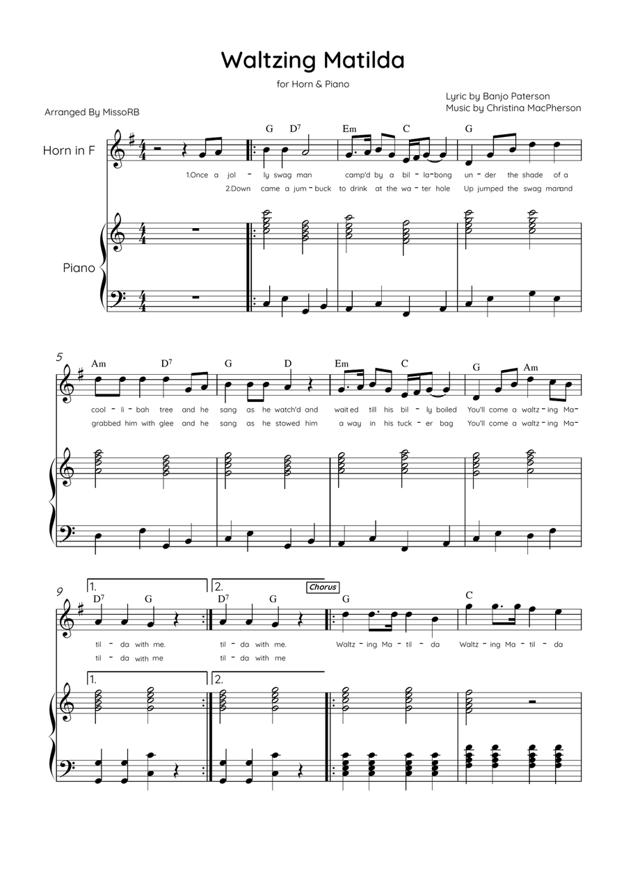 Waltzing Matilda - Horn & Piano in C Major With Lyrics & Chords Piano scores gallery preview page 1