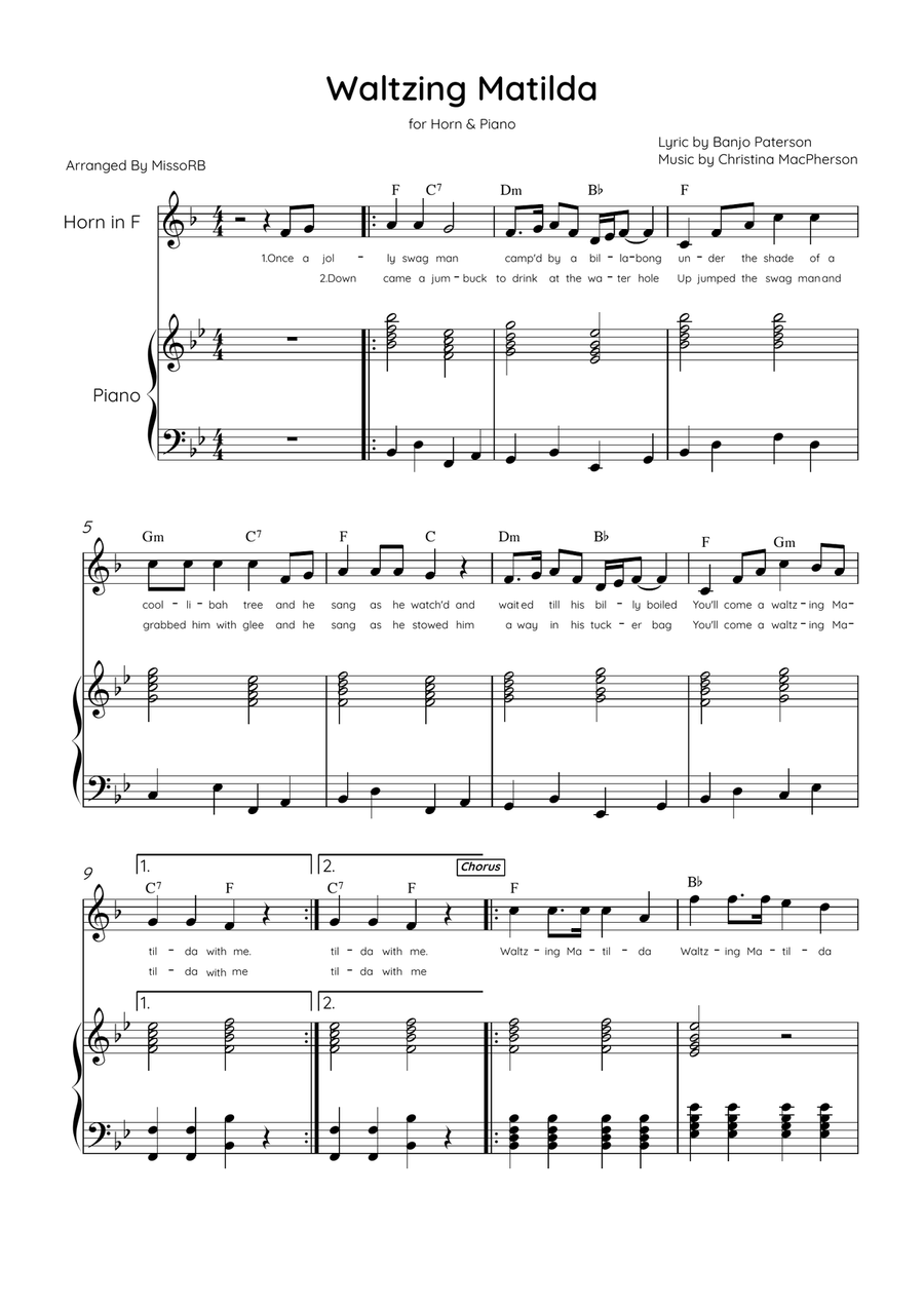 Waltzing Matilda - Horn & Piano in Bb Major With Lyrics & Chords Piano scores gallery preview page 1