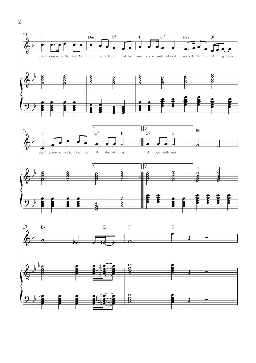Waltzing Matilda - Horn & Piano in Bb Major With Lyrics & Chords Piano scores gallery preview page 2