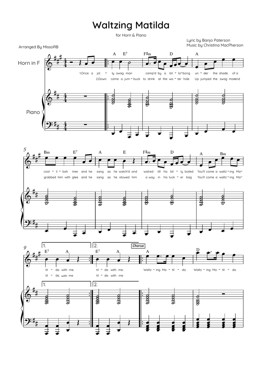 Waltzing Matilda - Horn & Piano in D Major With Lyrics & Chords Piano scores gallery preview page 1