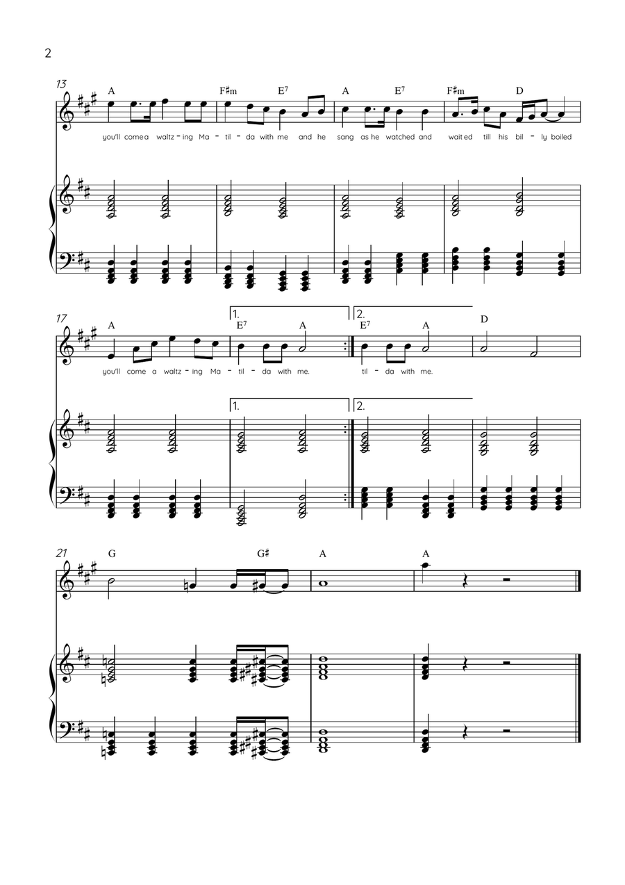 Waltzing Matilda - Horn & Piano in D Major With Lyrics & Chords Piano scores gallery preview page 2