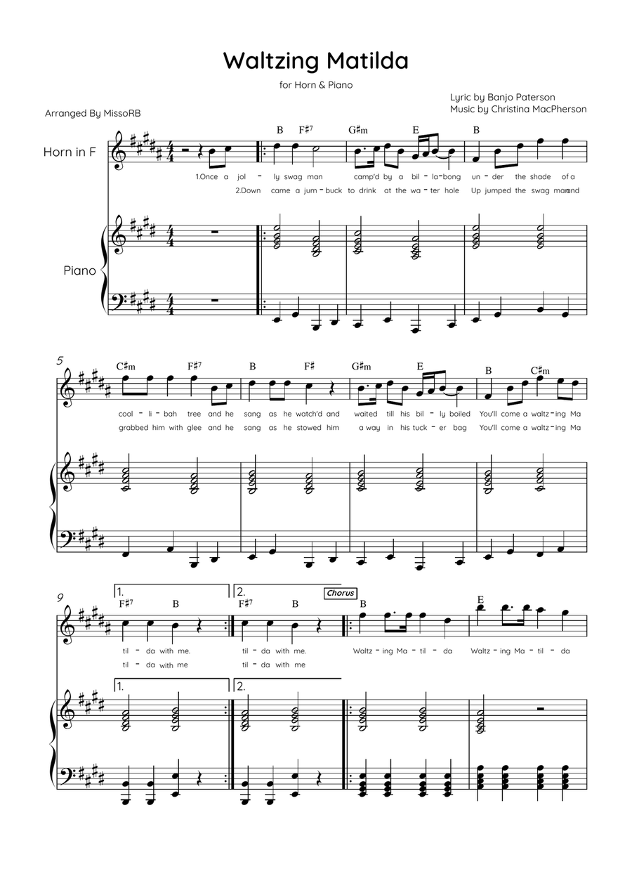 Waltzing Matilda - Horn & Piano in E Major With Lyrics & Chords Piano scores gallery preview page 1
