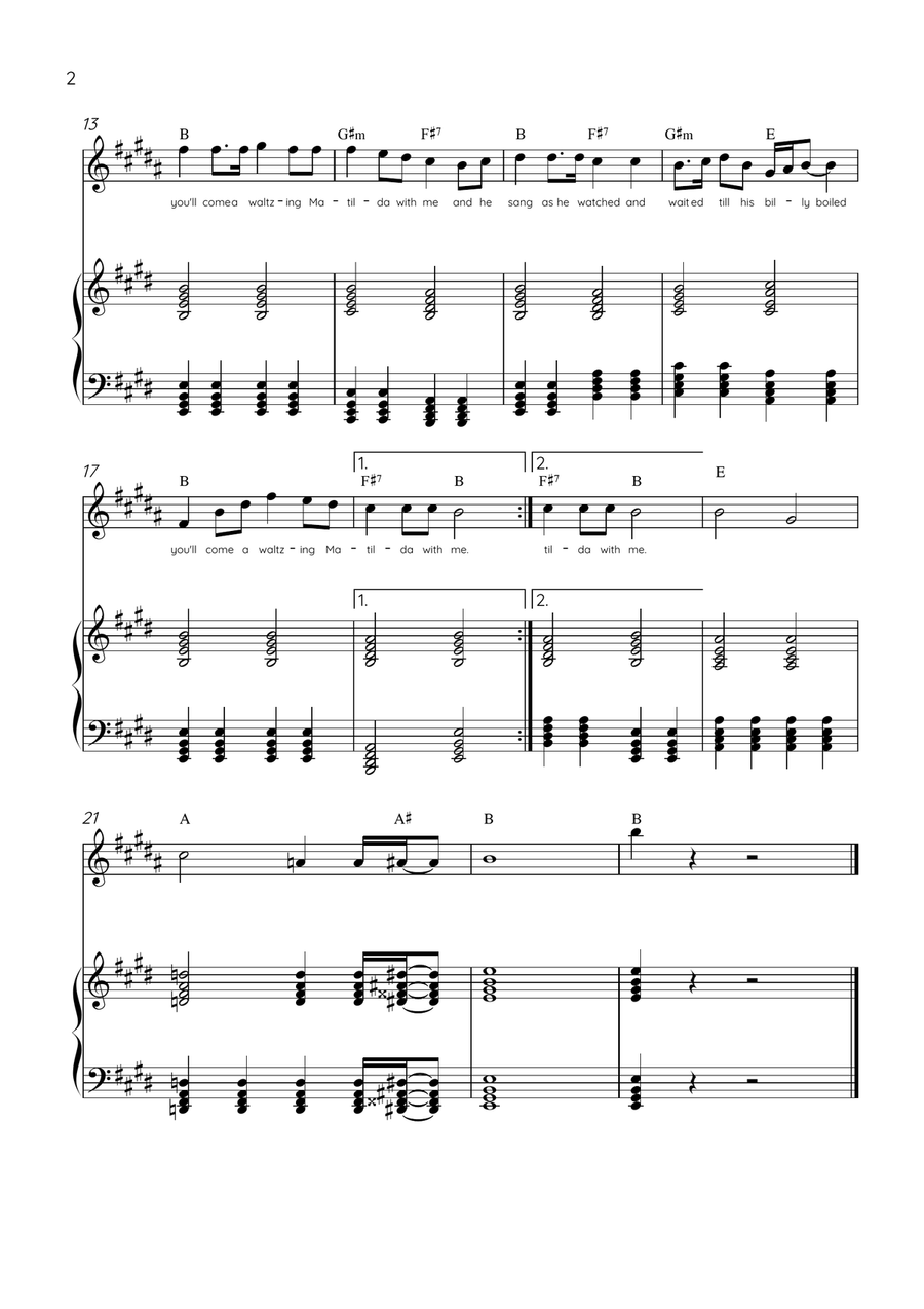 Waltzing Matilda - Horn & Piano in E Major With Lyrics & Chords Piano scores gallery preview page 2