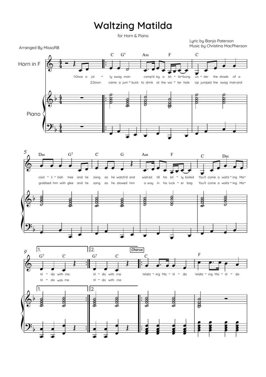Waltzing Matilda - Horn & Piano in F Major With Lyrics & Chords Piano scores gallery preview page 1