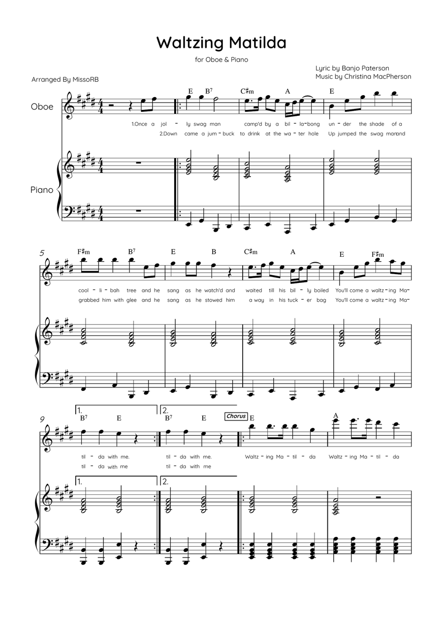 Waltzing Matilda - Oboe & Piano in E Major With Lyrics & Chords Piano scores gallery preview page 1