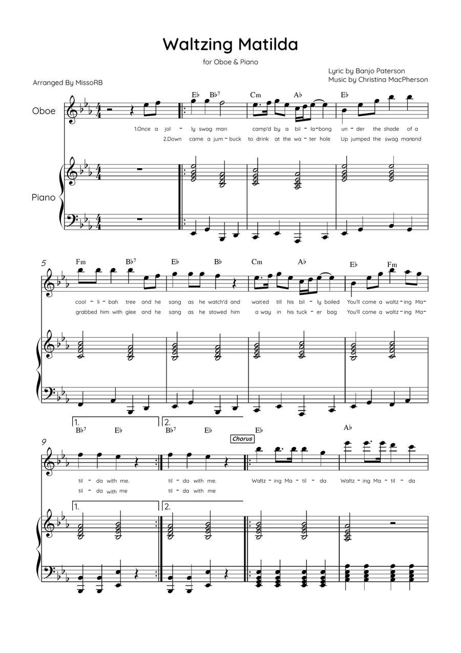 Waltzing Matilda - Oboe & Piano in Eb Major With Lyrics & Chords Piano scores gallery preview page 1