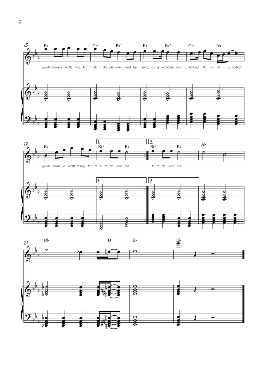 Waltzing Matilda - Oboe & Piano in Eb Major With Lyrics & Chords Piano scores gallery preview page 2