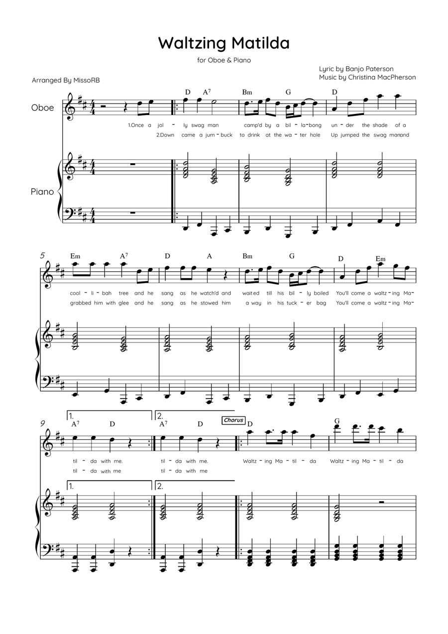 Waltzing Matilda - Oboe & Piano in D Major With Lyrics & Chords Piano scores gallery preview page 1