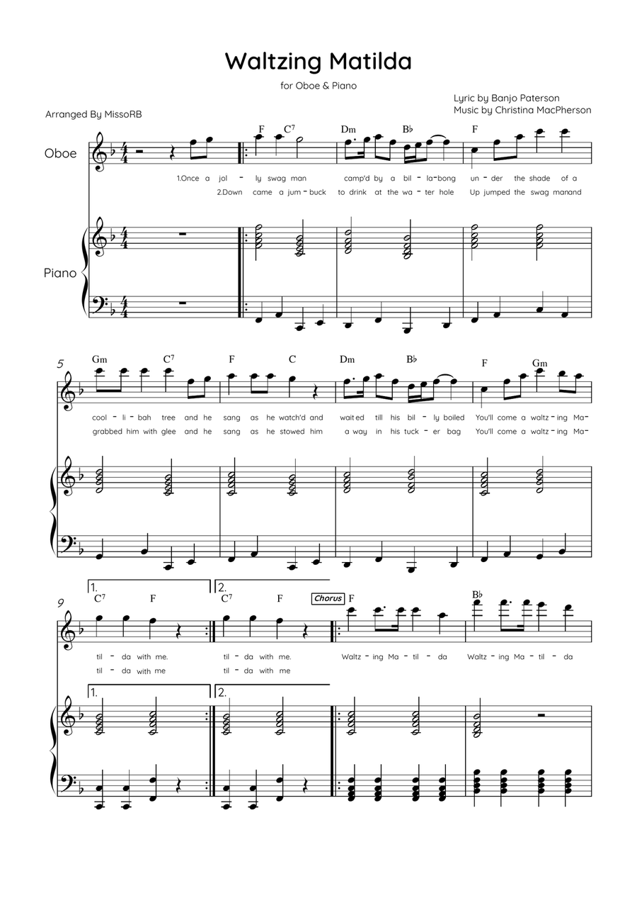 Waltzing Matilda - Oboe & Piano in F Major With Lyrics & Chords Piano scores gallery preview page 1
