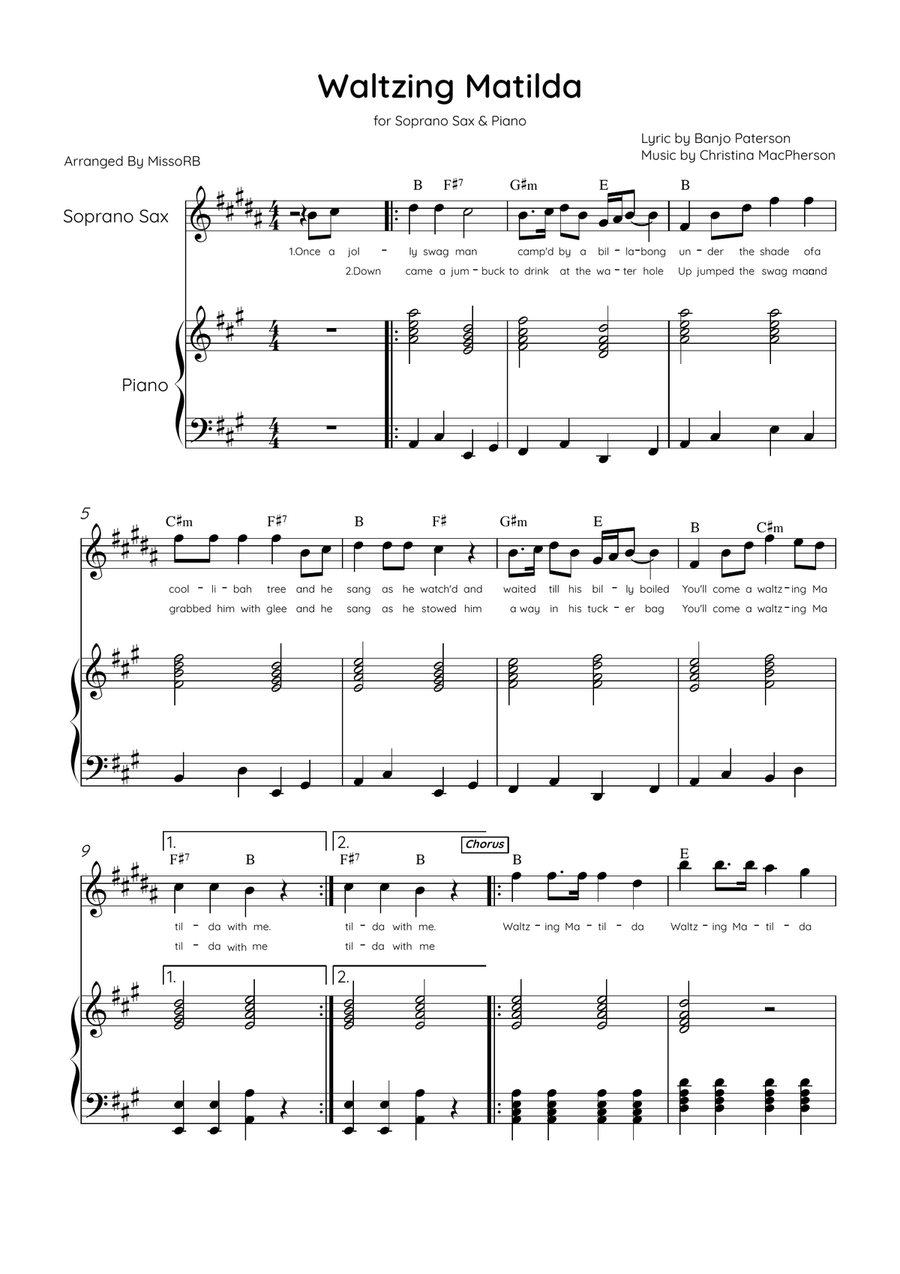 Waltzing Matilda - Soprano Sax & Piano in A Major With Lyrics & Chords Soprano Saxophone scores gallery preview page 1