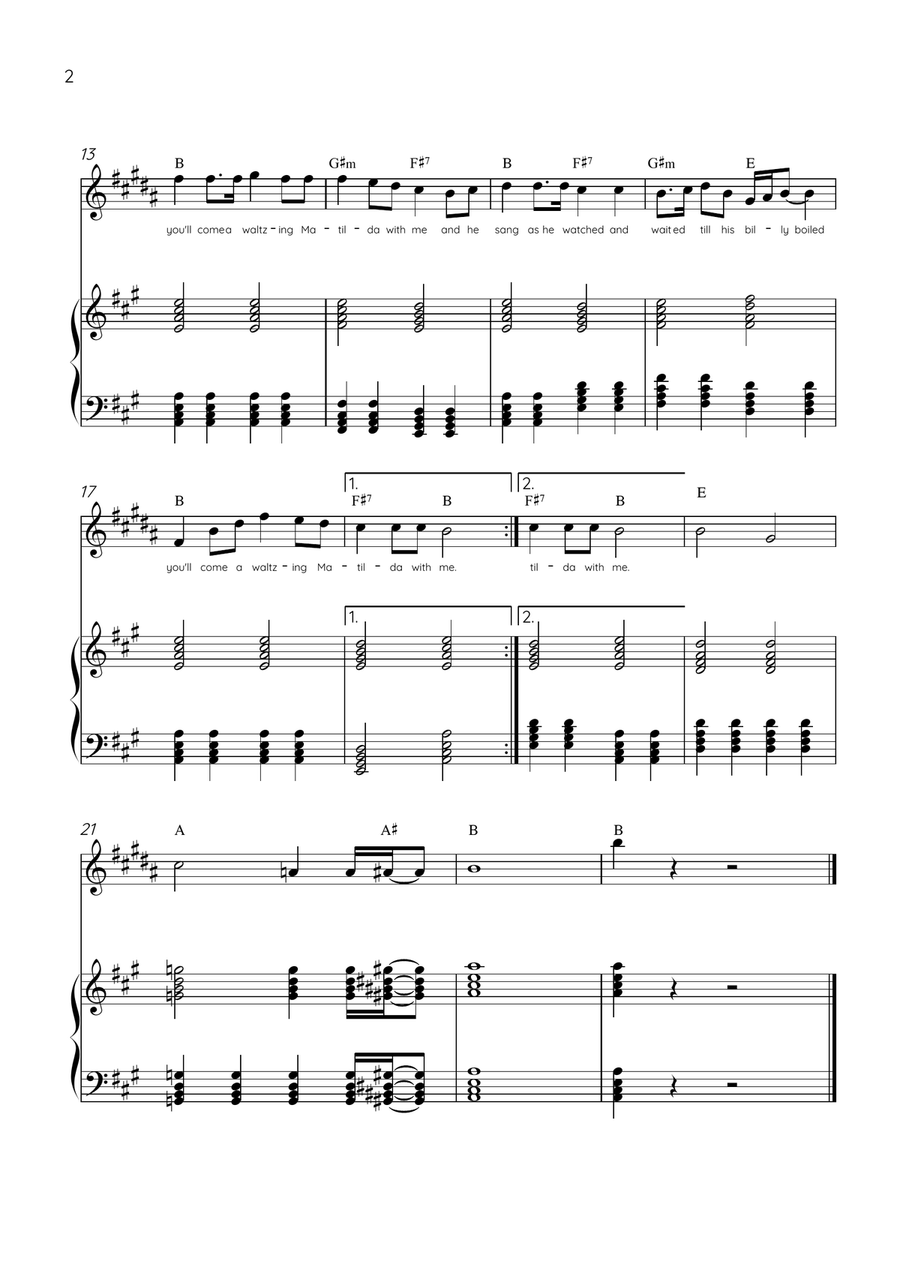 Waltzing Matilda - Soprano Sax & Piano in A Major With Lyrics & Chords Soprano Saxophone scores gallery preview page 2