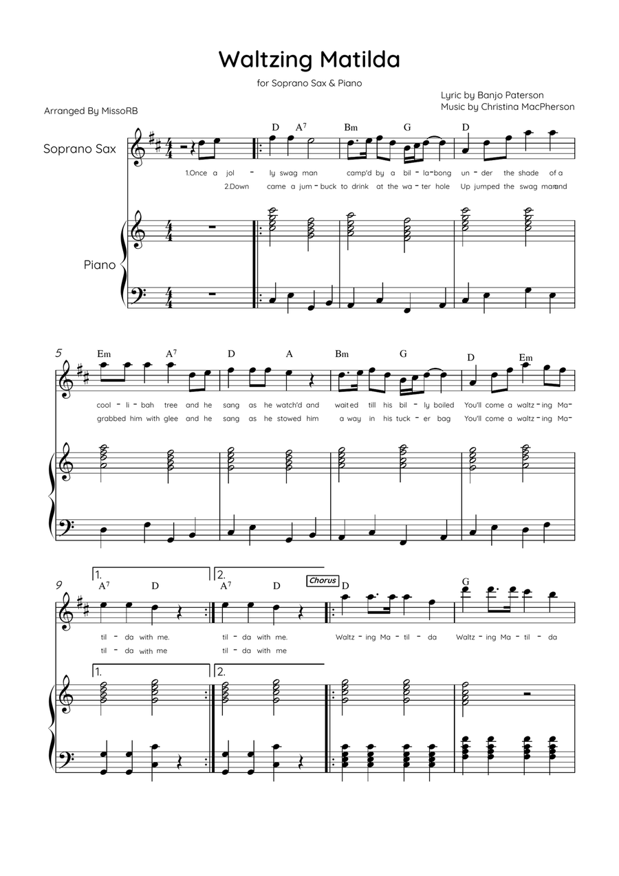 Waltzing Matilda - Soprano Sax & Piano in C Major With Lyrics & Chords Soprano Saxophone scores gallery preview page 1