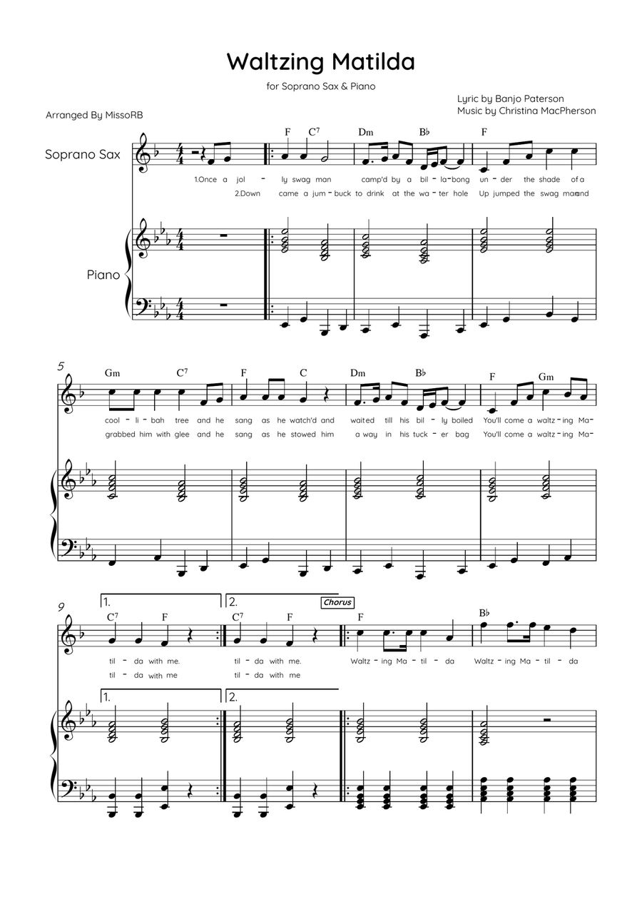 Waltzing Matilda - Soprano Sax & Piano in Eb Major With Lyrics & Chords Soprano Saxophone scores gallery preview page 1