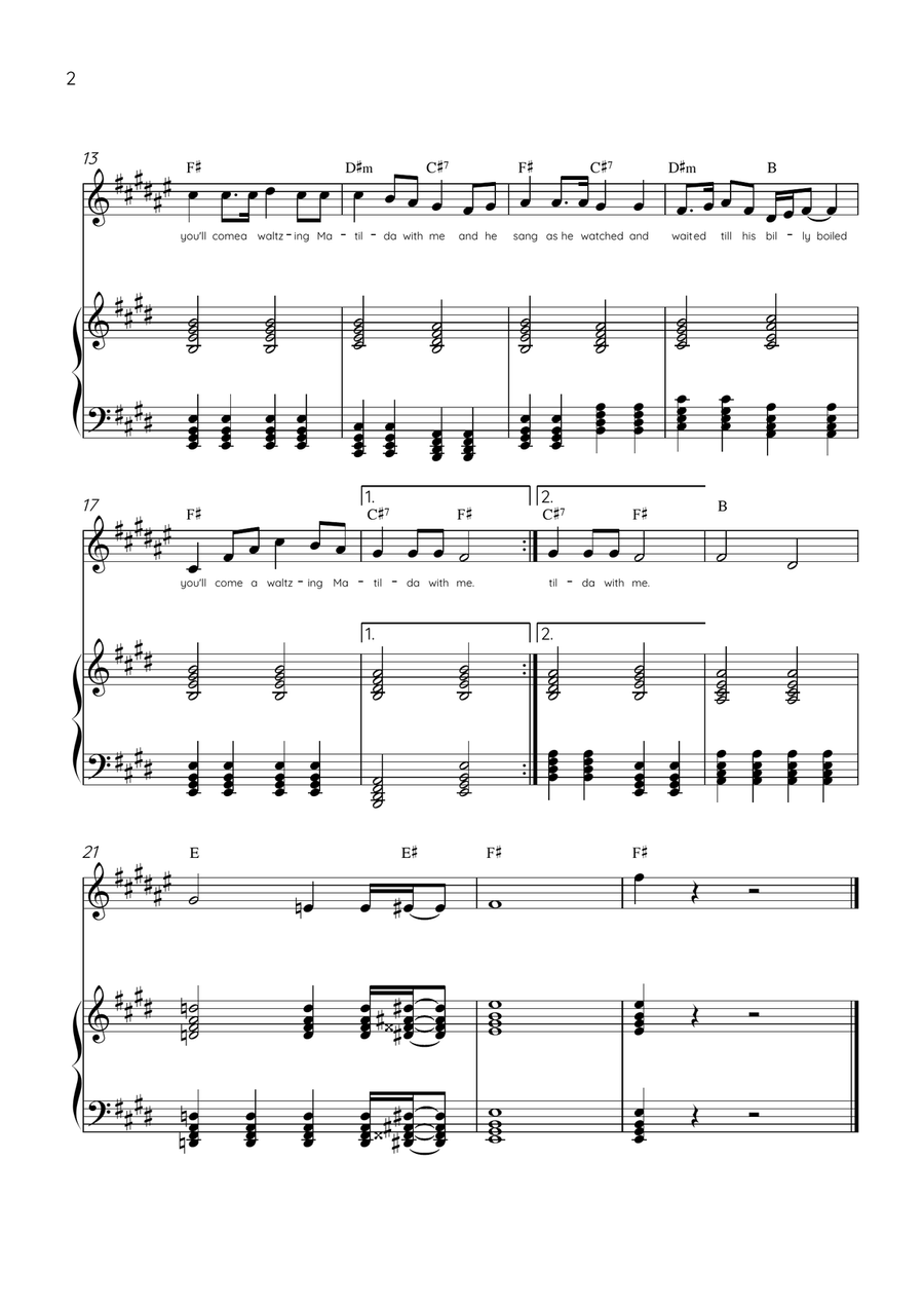 Waltzing Matilda - Soprano Sax & Piano in E Major With Lyrics & Chords Soprano Saxophone scores gallery preview page 2